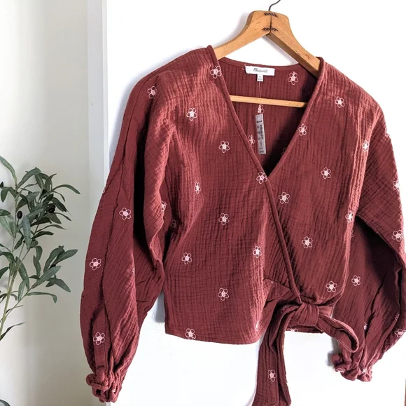 Sold on M! Madewell Lightspun Maira Flower Embroidered Tie Wrap Top - Picture 6 of 16